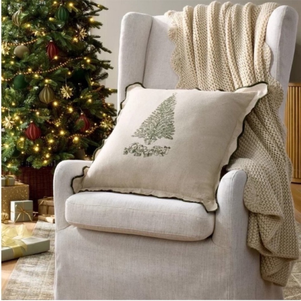 Studio McGee Holiday Tree Pillow with scalloped edges. 20” x 20”
